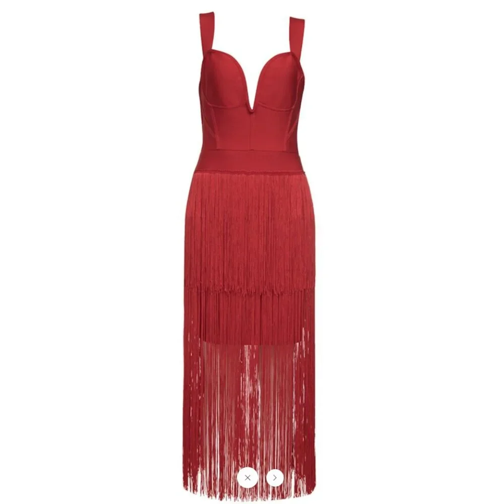 STYLE OF CB Red Midi Bodycon Dress w/ Maxi Length Tiered Fringe, Size XS - Picture 2 of 14